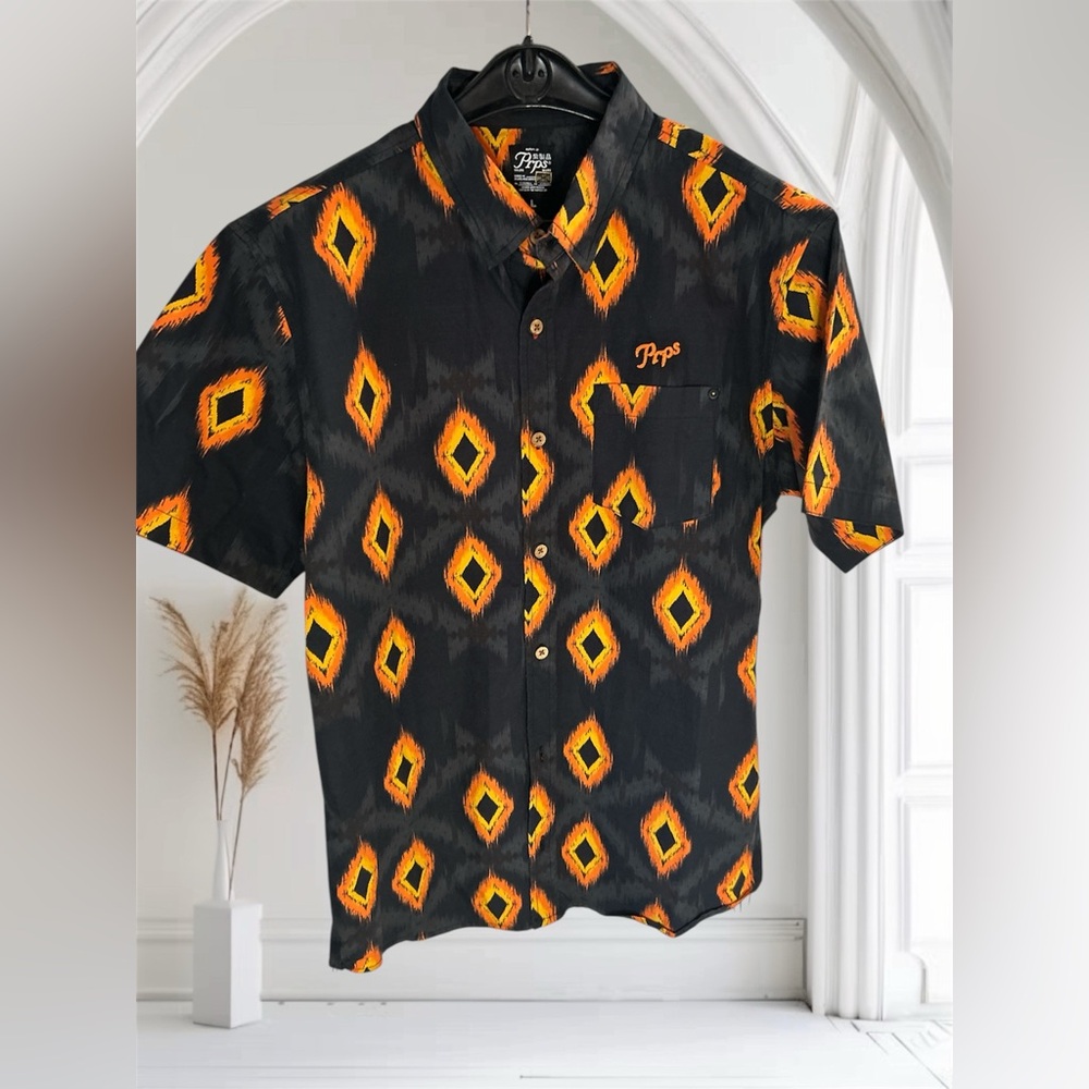 PRPS Mens Short Sleeve Summer-Weight ResortWear Sz L 100% Cotton Shirt Blk/Org - Picture 9 of 12